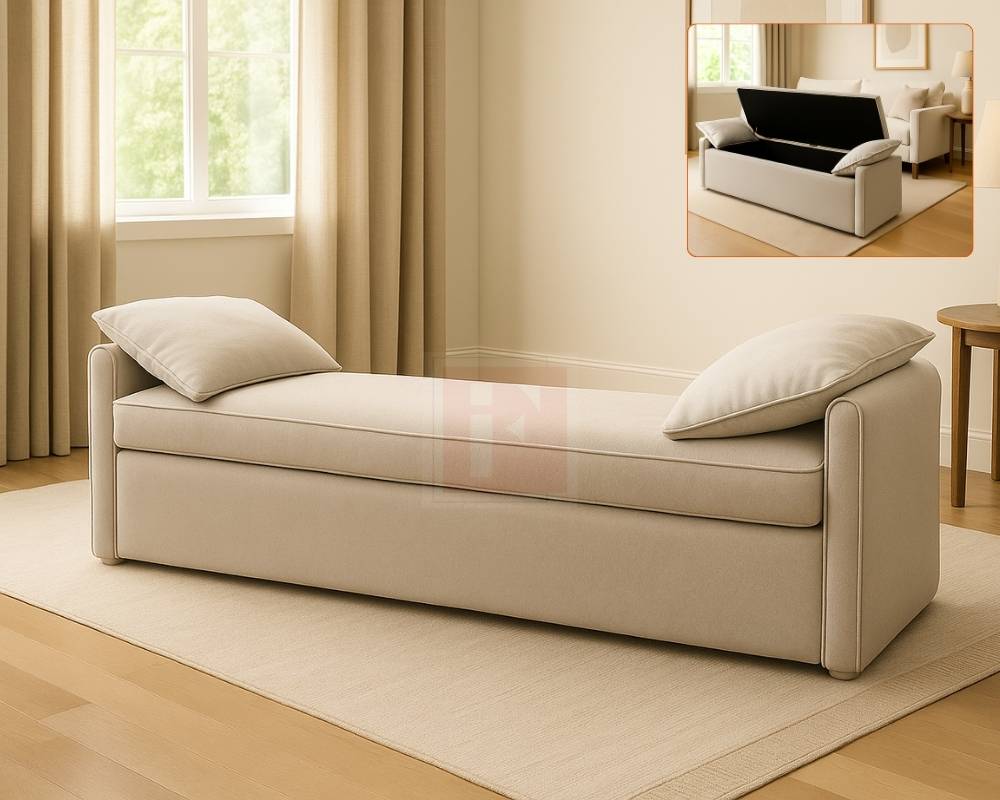 Upholstered Storage Bench with Side Arms and Cushions