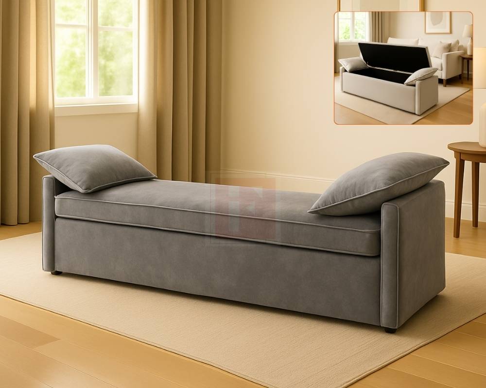 Upholstered Storage Bench with Side Arms and Cushions photo 3