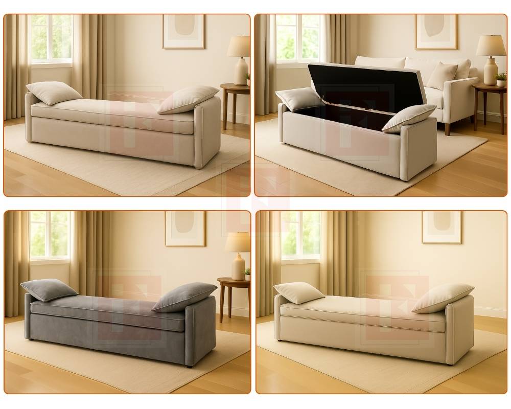 Upholstered Storage Bench with Side Arms and Cushions photo 2