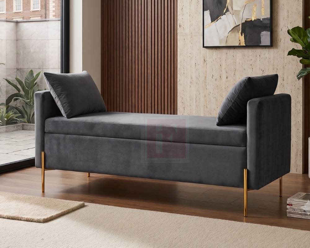 Velvet Storage Bench With Armrests and Gold Legs photo 4