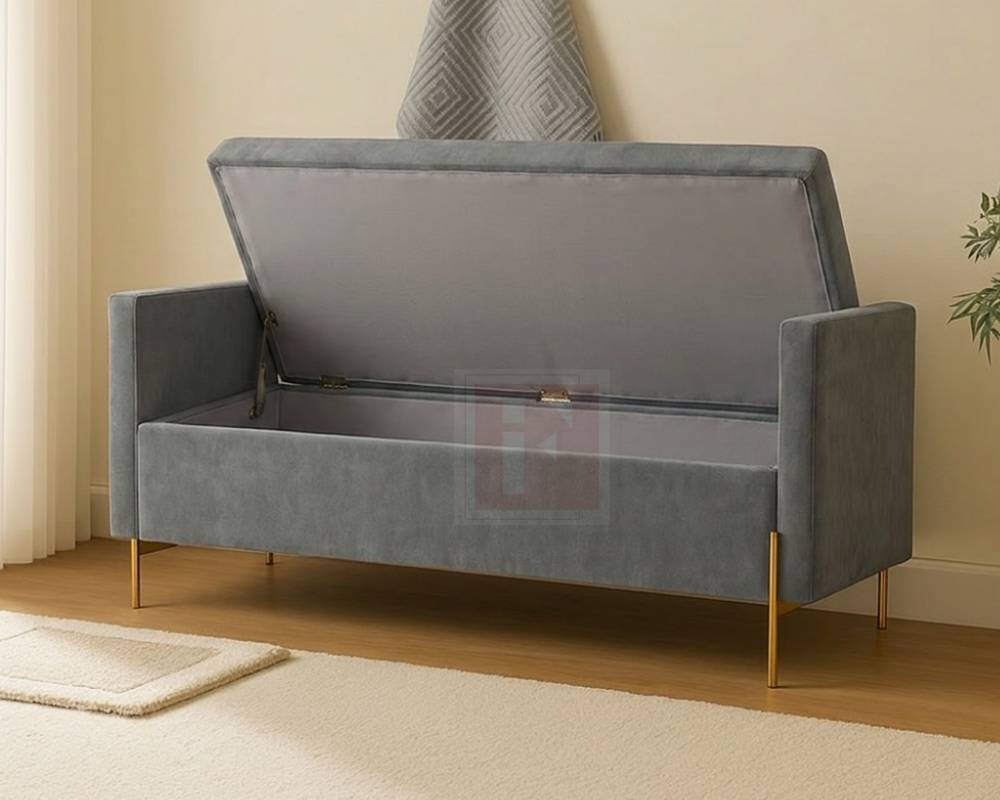 Velvet Storage Bench With Armrests and Gold Legs photo 2