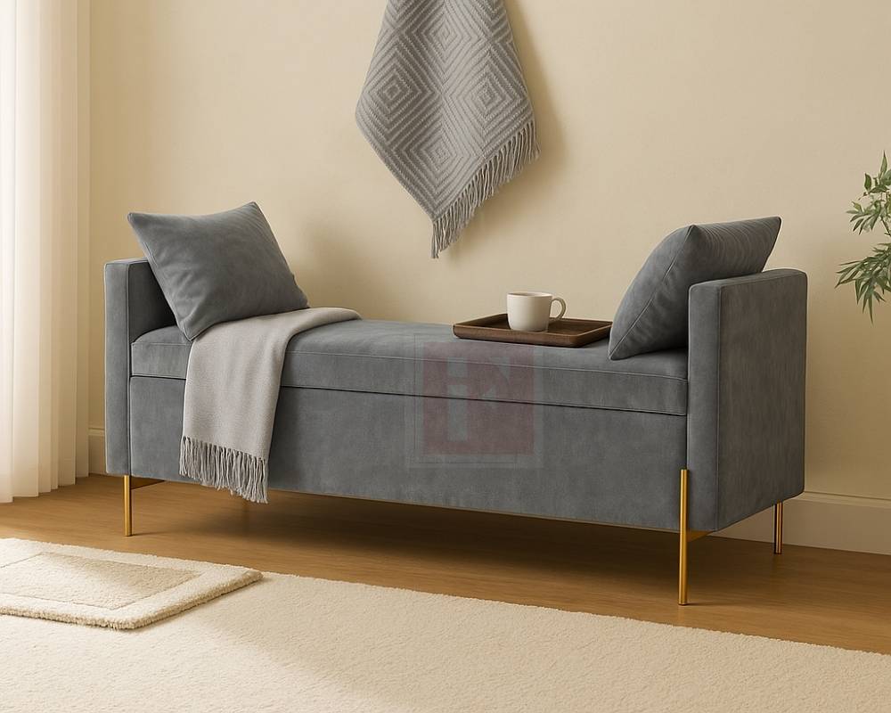 Velvet Storage Bench With Armrests and Gold Legs