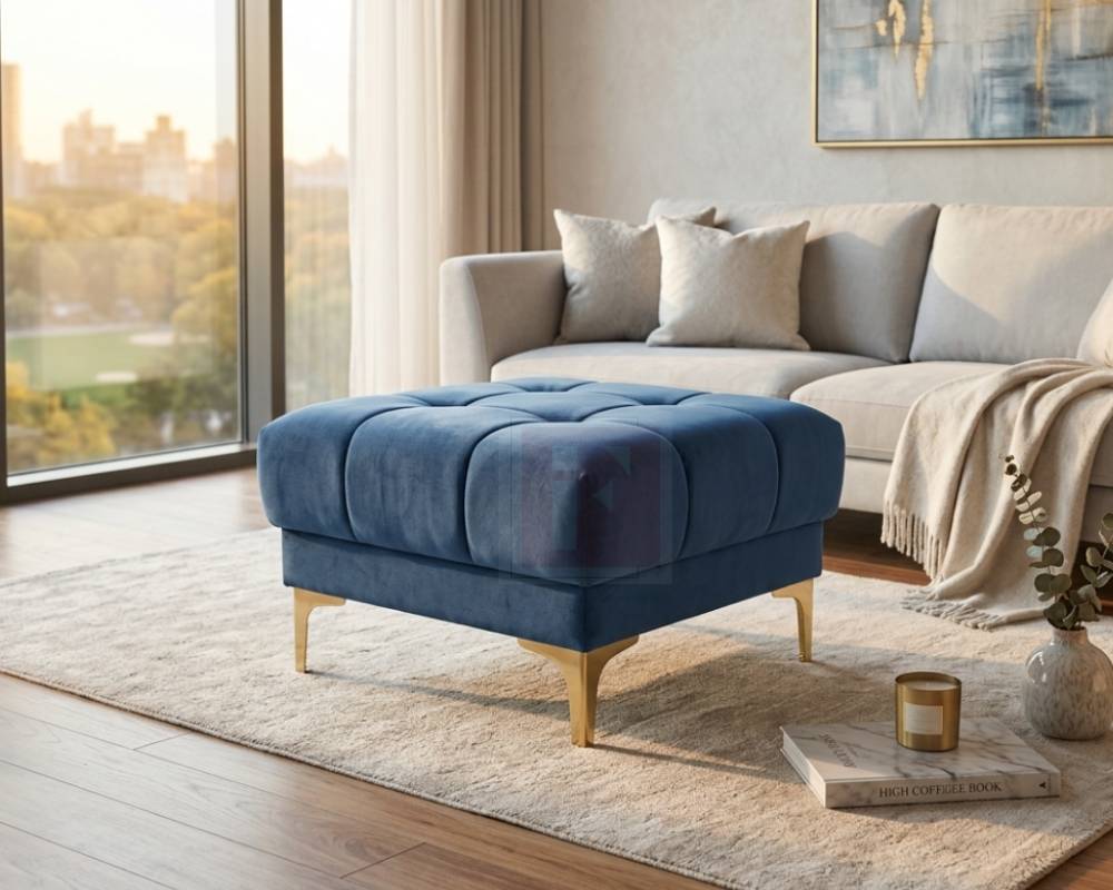 Square Velvet Stool With Gold Chrome Legs