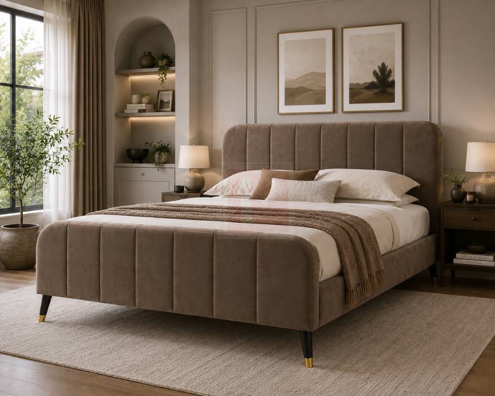 Fluted Velvet Bed Frame – High Foot End