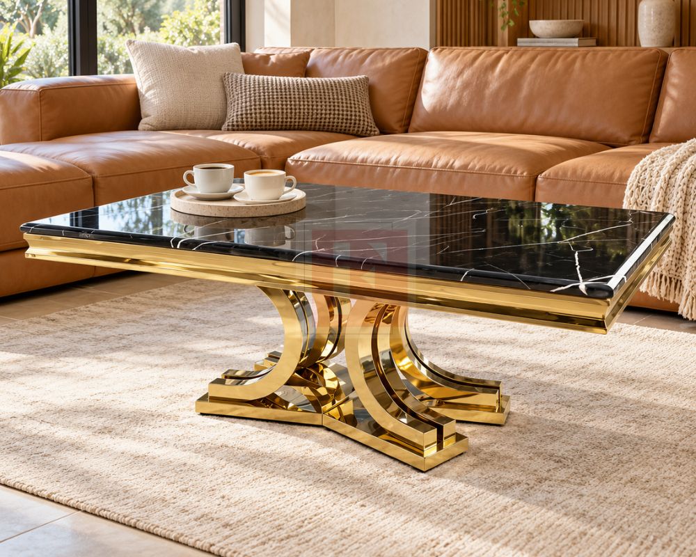 Sculpted Curve Marble Glass Gold Coffee Table