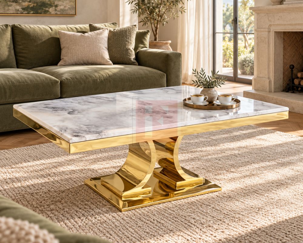 Twin Curve Marble Glass Gold Coffee Table