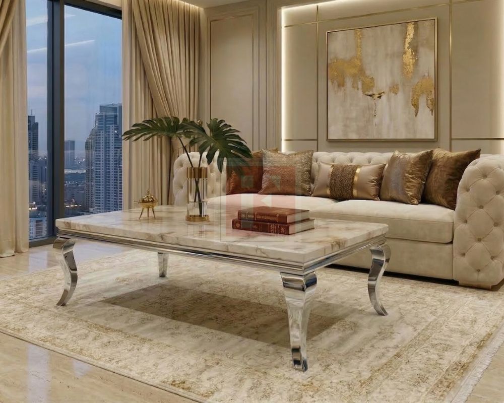 Louis Marble Glass Silver Stainless Steel Coffee Table