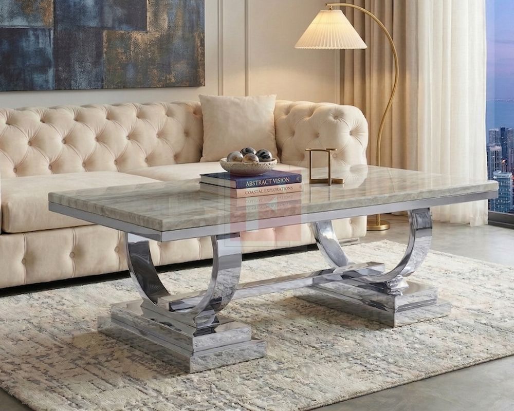 Double-Pedestal High-Gloss Marble & Silver Stainless Steel Coffee Table