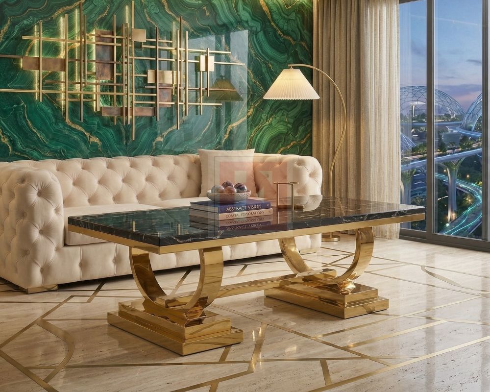 Double-Pedestal High-Gloss Marble & Gold Stainless Steel Coffee Table
