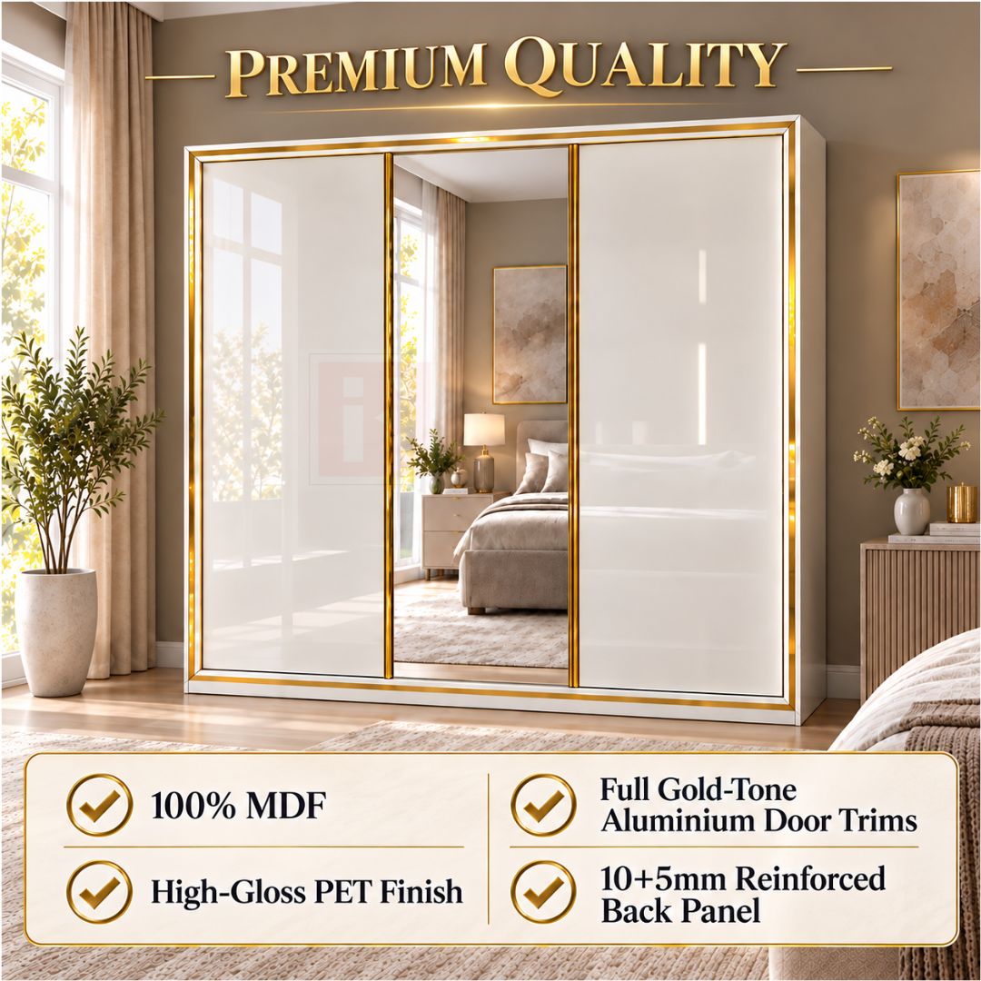 180cm High-Gloss PET Mirrored Wardrobe – Gold Aluminium Trim