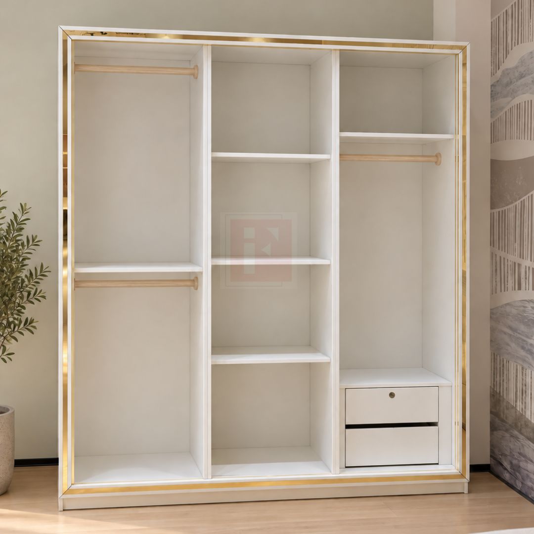 180cm High-Gloss PET Mirrored Wardrobe – Gold Aluminium Trim photo 3