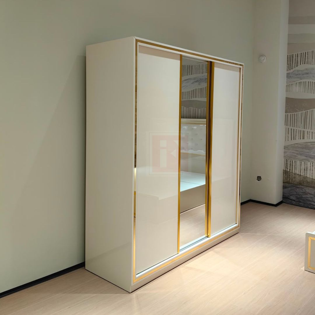 180cm High-Gloss PET Mirrored Wardrobe – Gold Aluminium Trim photo 7