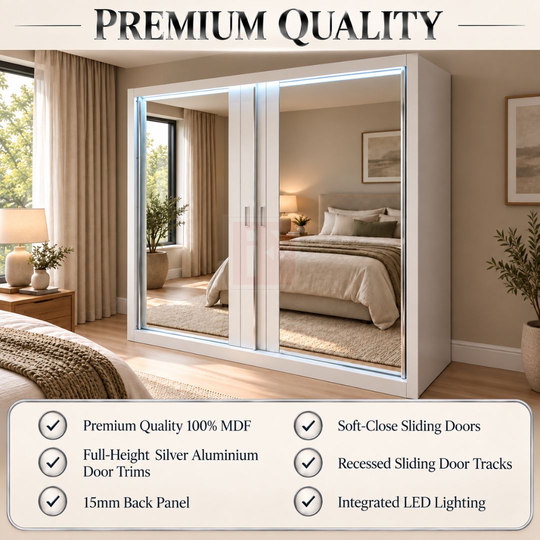 203cm Full-Mirror Sliding Wardrobe with LED Lighting
