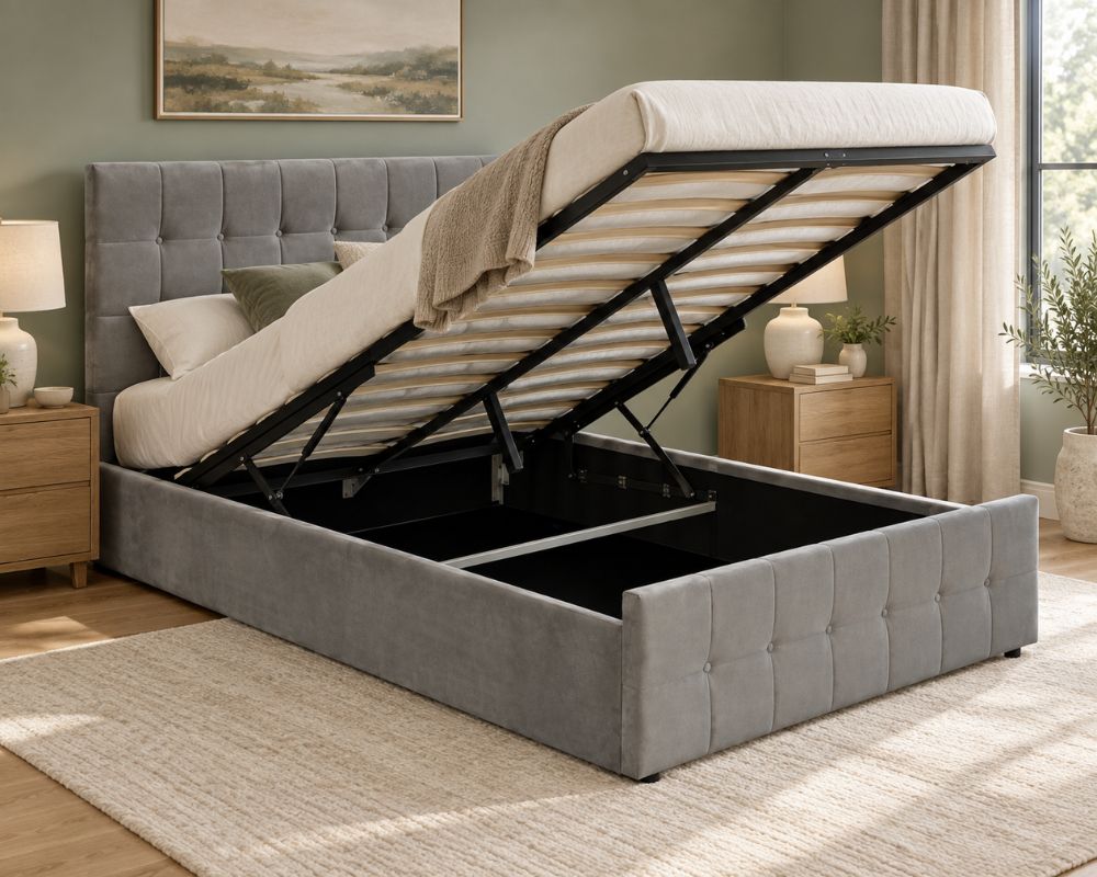Velvet Buttoned Storage Bed