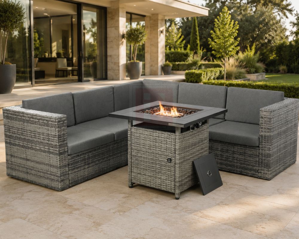 Grey Rattan Corner Sofa Set with Square Fire Pit Table
