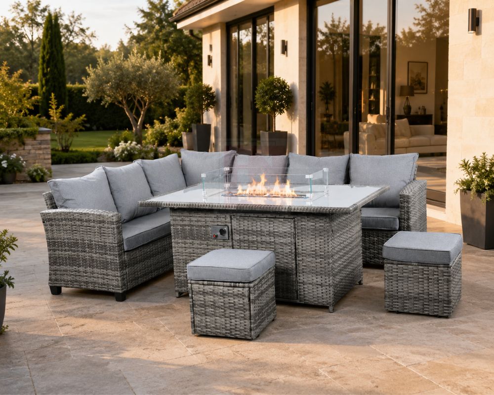 Grey Rattan Corner Sofa Set with Fire Pit Table & 2 Stools