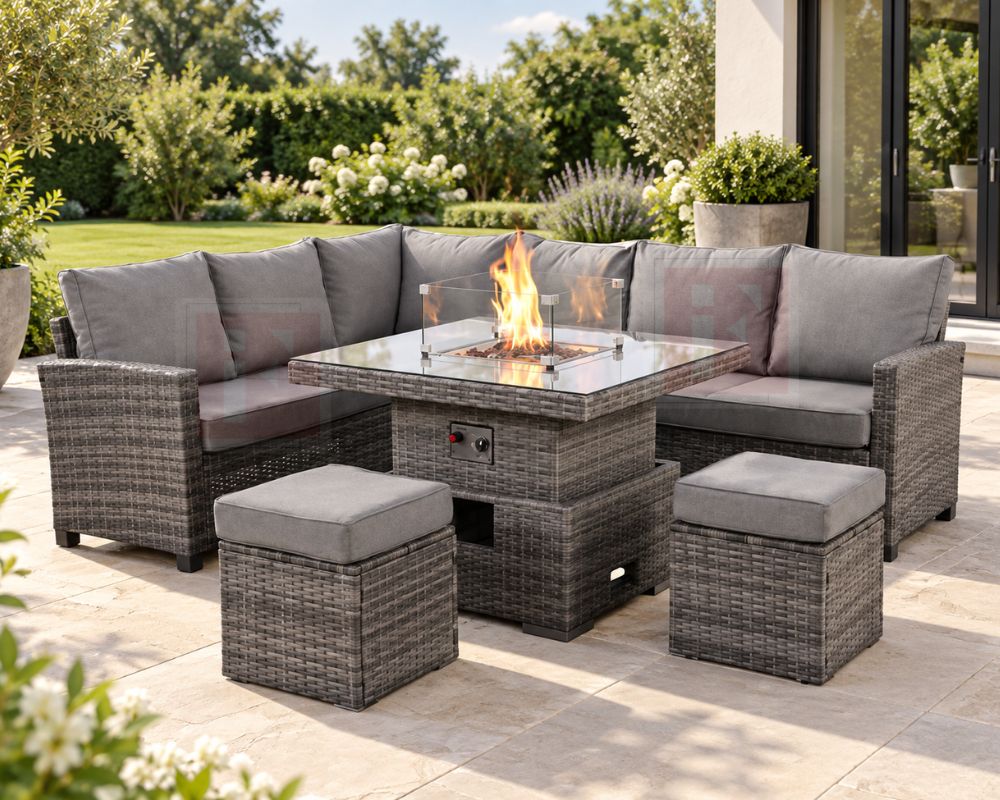 Half-Round Rattan Corner Sofa Set with Rising Fire Pit Table