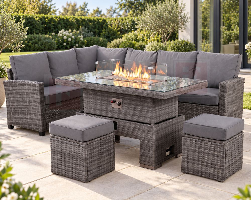 Grey Half-Round Rattan Corner Sofa Set with Rising Fire Pit Table