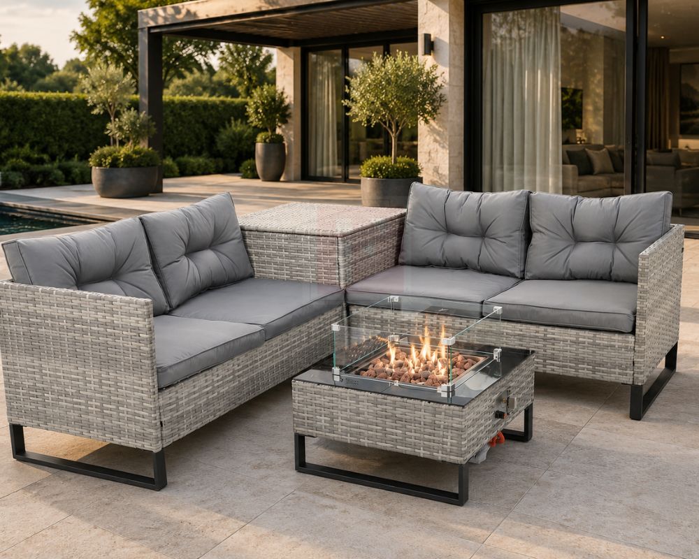 4-Seater Grey Rattan Fire Pit Sofa Set with Storage Box