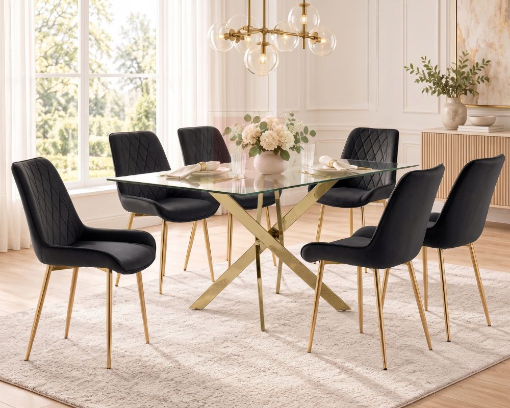 160cm Rectangular Glass Dining Set with 6 Velvet Chairs