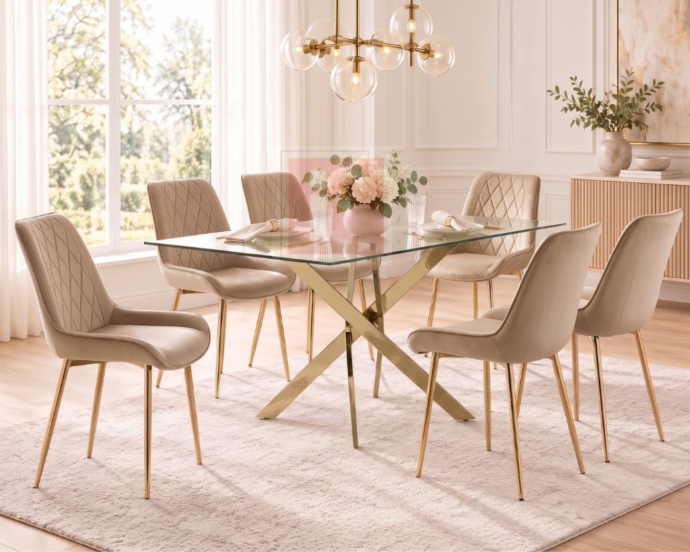 160cm Rectangular Glass Dining Set with 6 Velvet Chairs photo 2