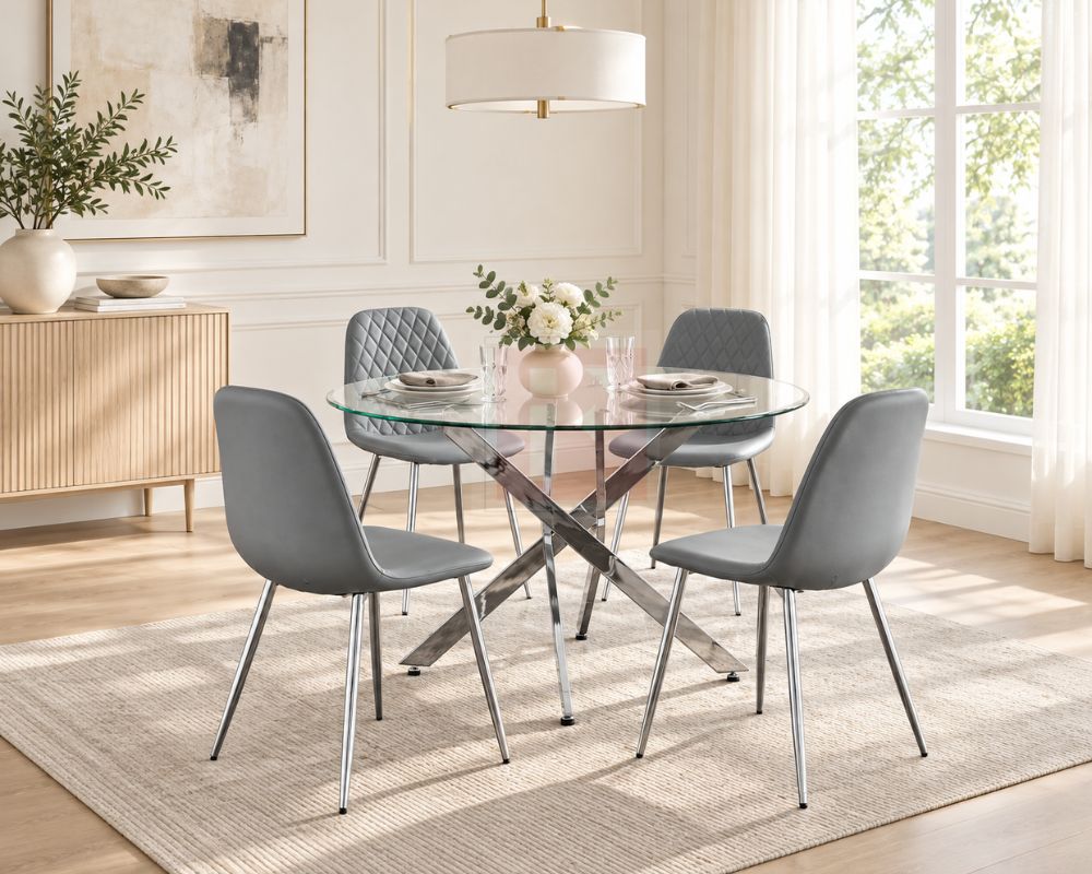90cm Round Glass Dining Set with 4 Velvet Chairs