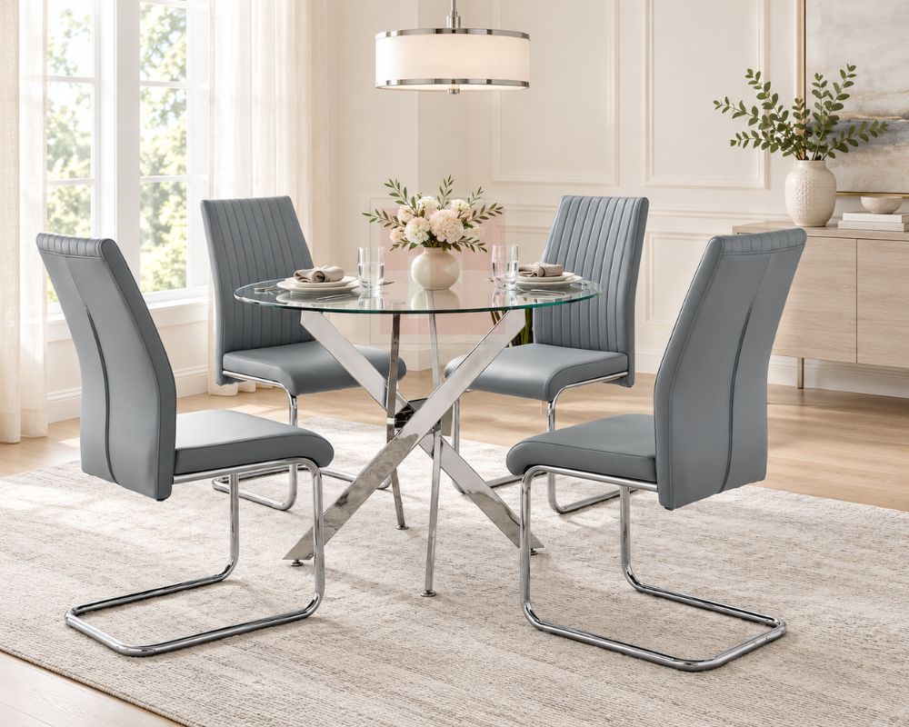 90cm Round Glass Dining Set with 4 High-Back PU Chairs