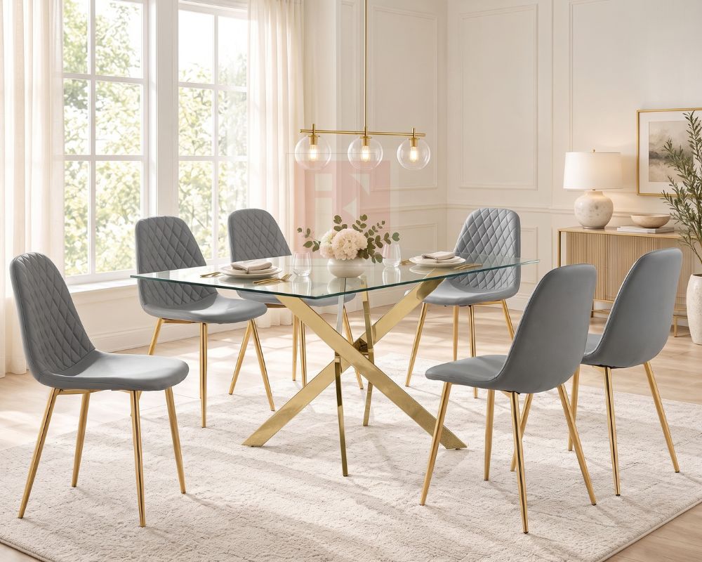 Rectangular Gold / Glass Dining Set with 6 Velvet Chairs