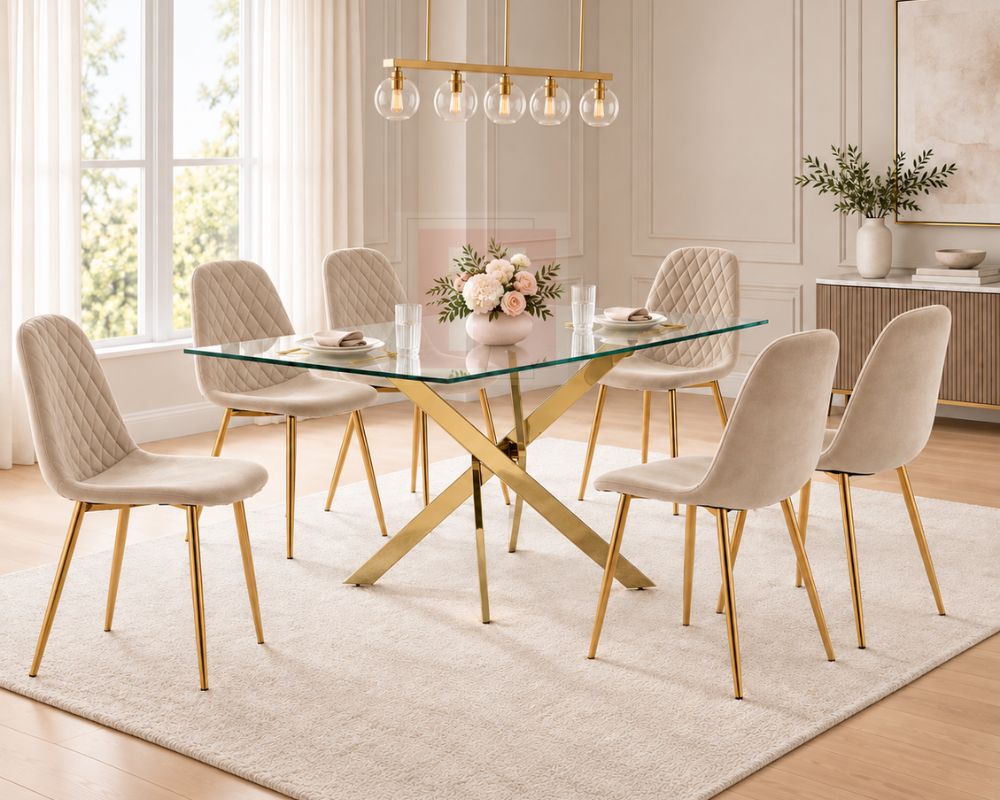 Rectangular Gold / Glass Dining Set with 6 Velvet Chairs photo 2