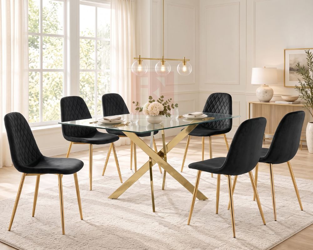 Rectangular Gold / Glass Dining Set with 6 Velvet Chairs photo 3