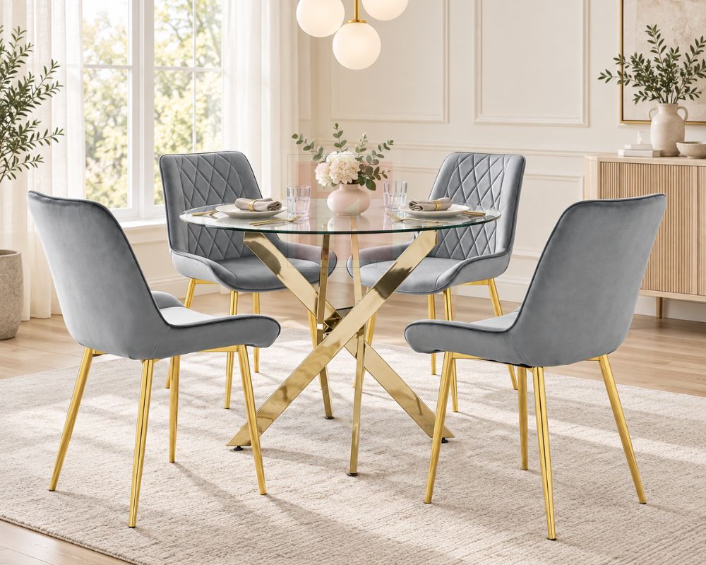 Round Glass Dining Set with 4 Velvet Chairs