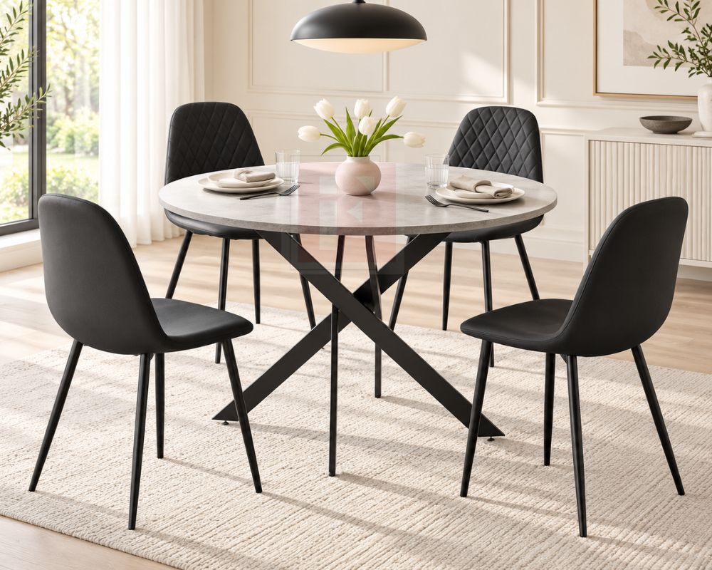 90cm Round Ceramic Dining Set with 4 Black Chairs