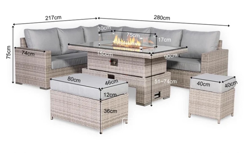 Grey Half-Round Rattan Corner Sofa Set with Rising Fire Pit Table photo 2