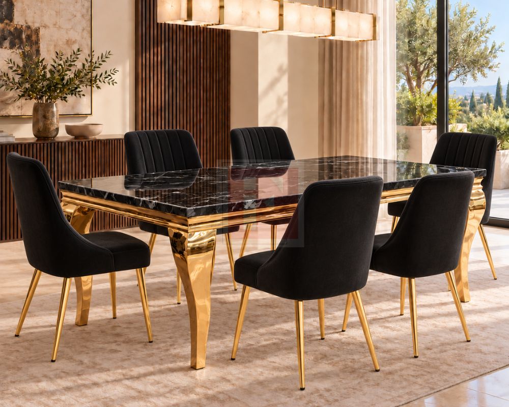 Louis Gold Chrome Marble Glass Dining Set photo 2