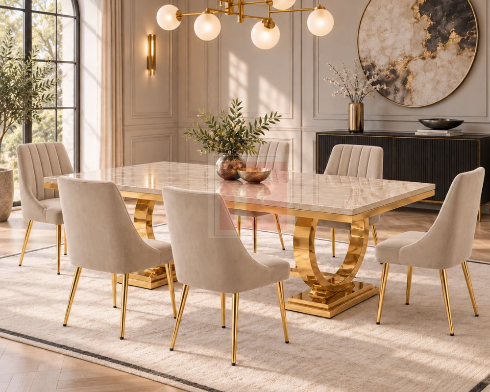 Double-Pedestal High-Gloss Marble & Gold Dining Set photo 2
