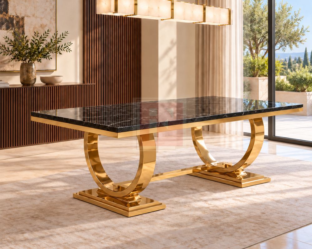 Double-Pedestal High-Gloss Marble & Gold Dining Set photo 5