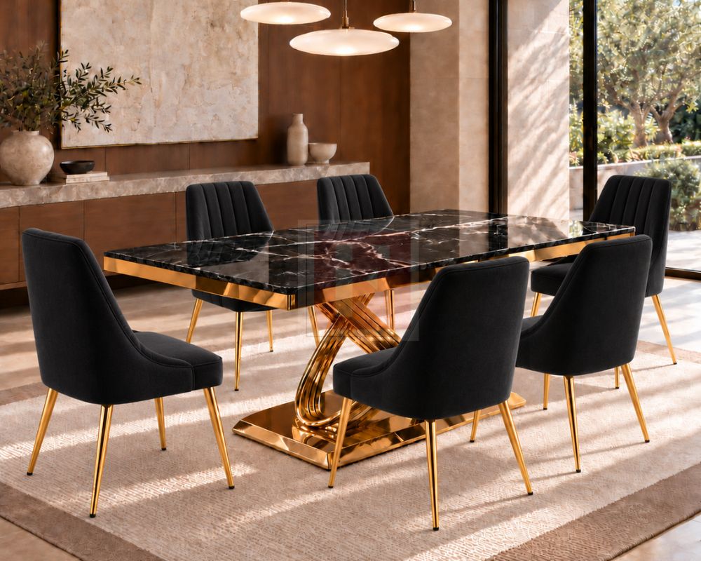 Infinity Gold Chrome Marble Glass Dining Set photo 2