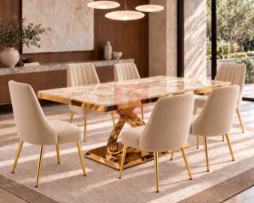 Infinity Gold Chrome Marble Glass Dining Set
