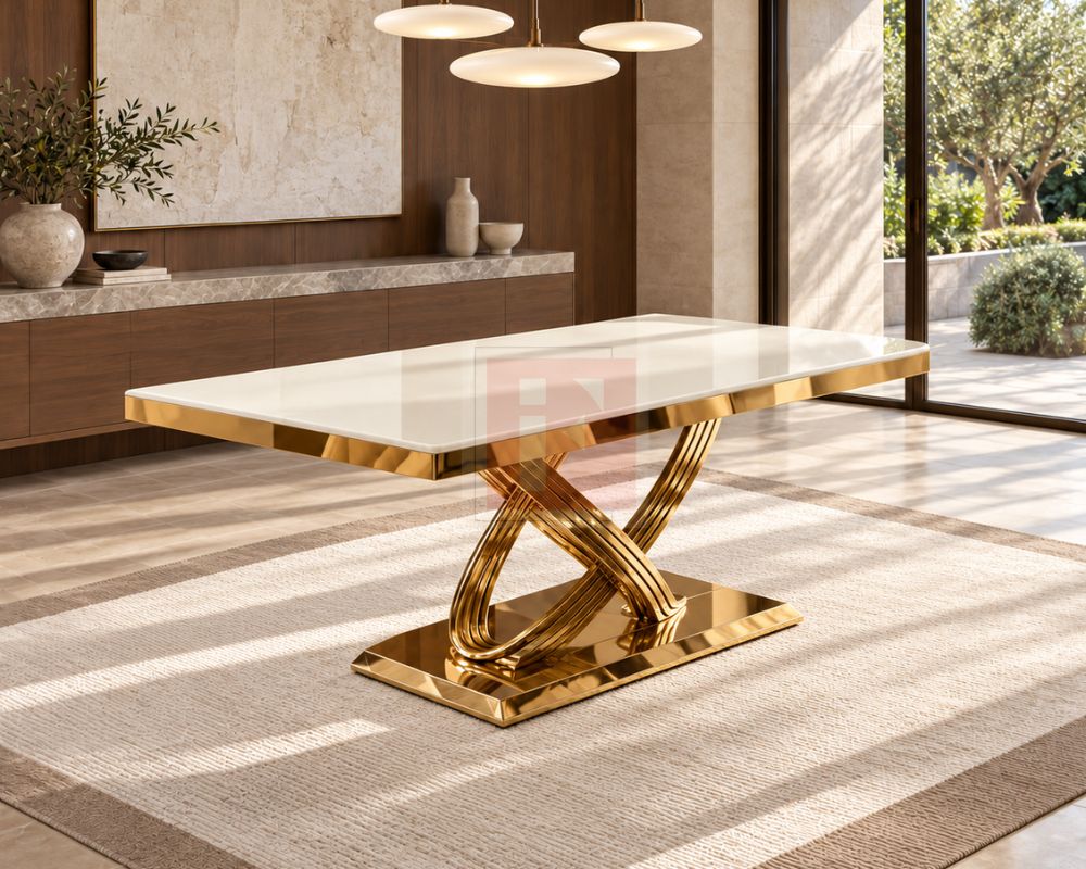 Infinity Gold Chrome Marble Glass Dining Set photo 5